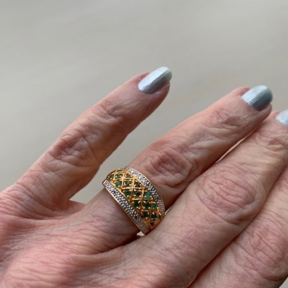 Emerald Simulated Stone Band Ring, 14K Gold Plated Band, Size 6-1/2